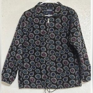 Lands' End Vintage Black Fleece Jacket Full Zip Front Leaf Print Drawstring Sz S